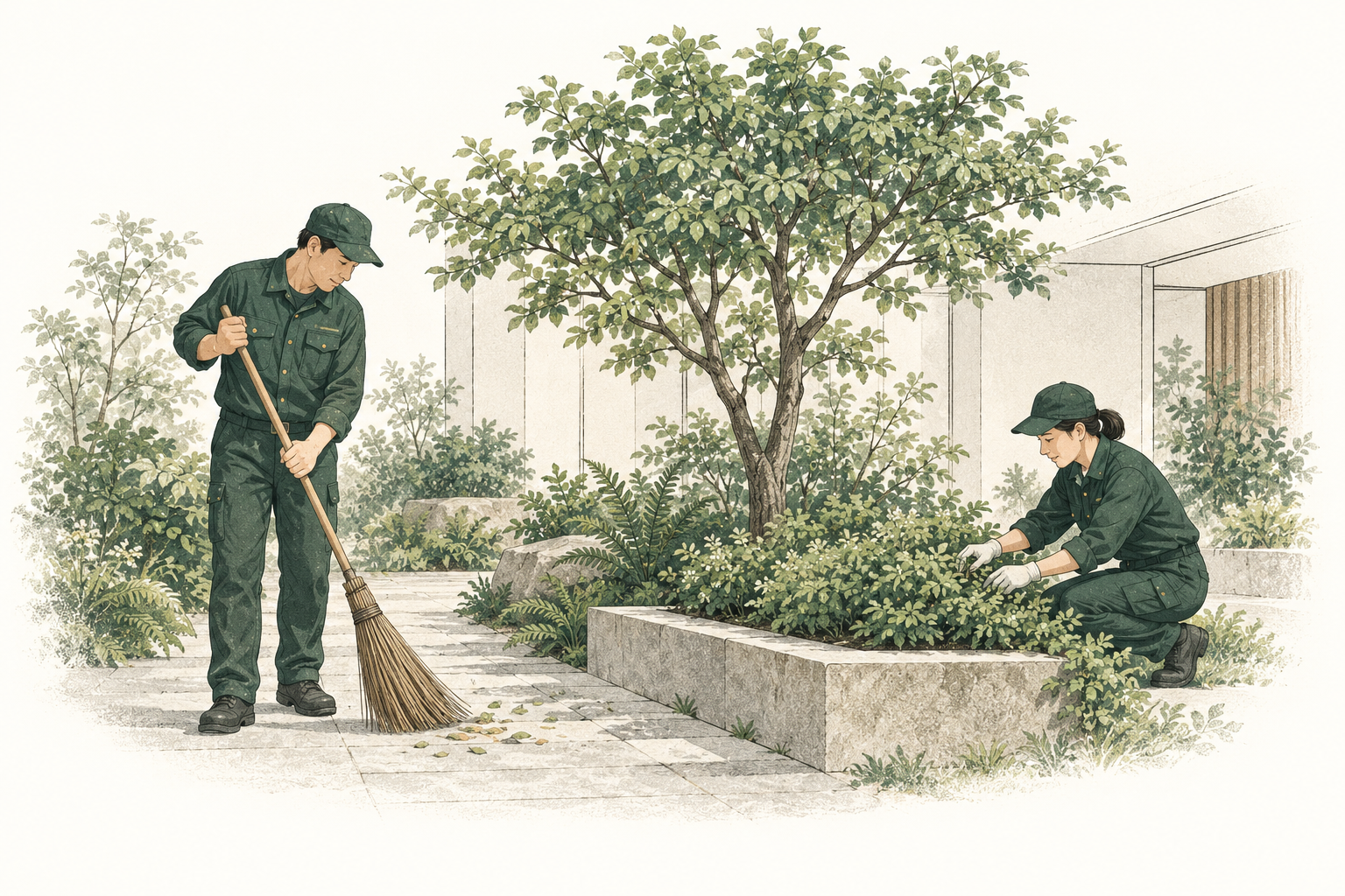 環境維護團隊示意插畫:兩名工作人員分工清掃步道與照顧植栽